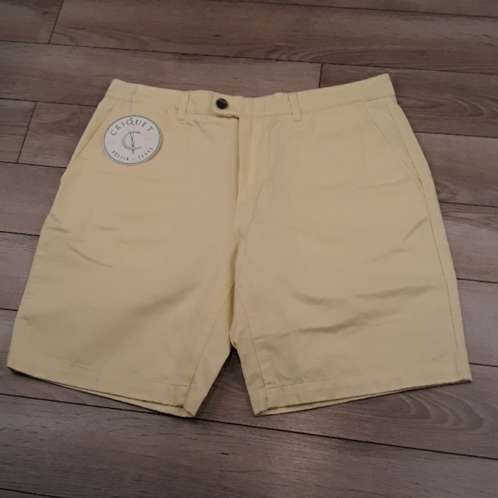 CRIQUET Pastel Yellow Light Cotton Sz 35 Mens Casual Flat‎ Front Shorts NEW